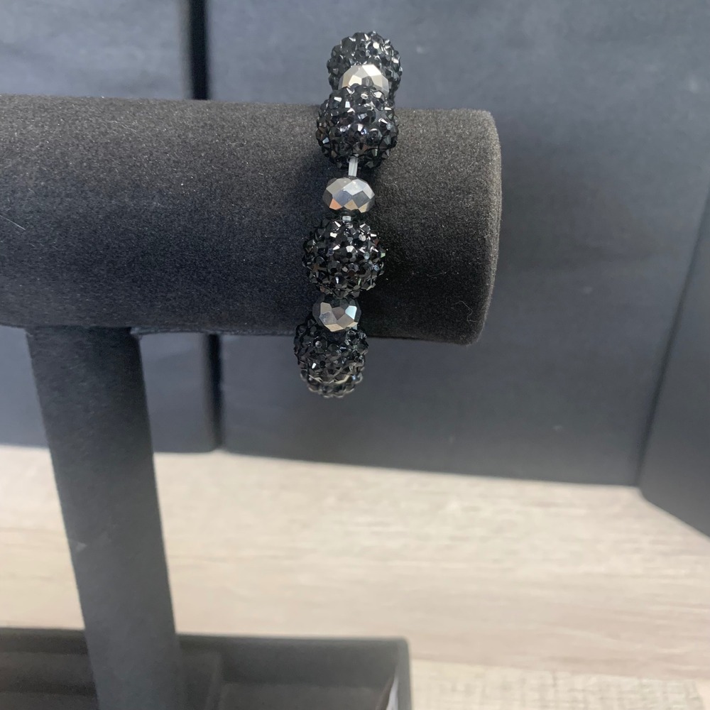 Black Disco Ball Bead Stretch Bracelet Silver Tone Faceted Accents Chunky 4125